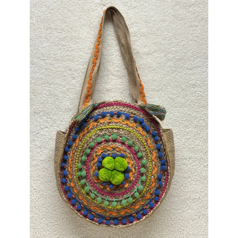 Lulus Shoulder Bag Tan Jute Bohemian Pom Pom Rickrack Tassel Round Purse